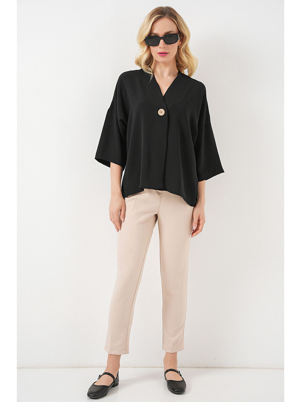 Kadın Kısa Kol Oversize Kimono 5969 - Siyah-1