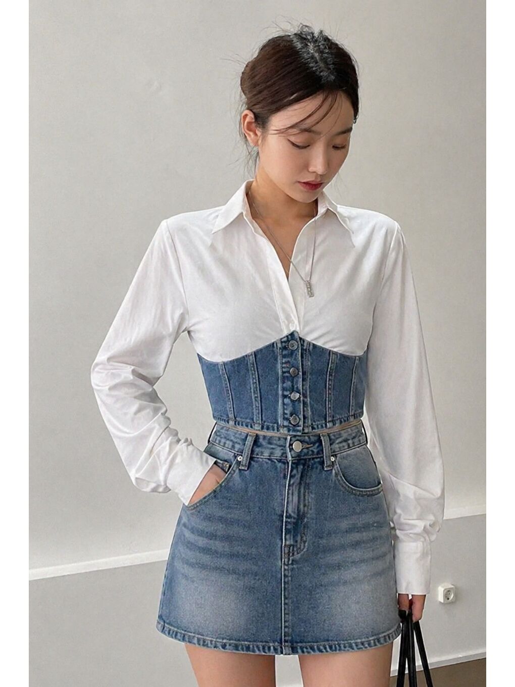 Beyaz Kadın Jean Korse Detaylı Özel Tasarım Slim Gömlek-3