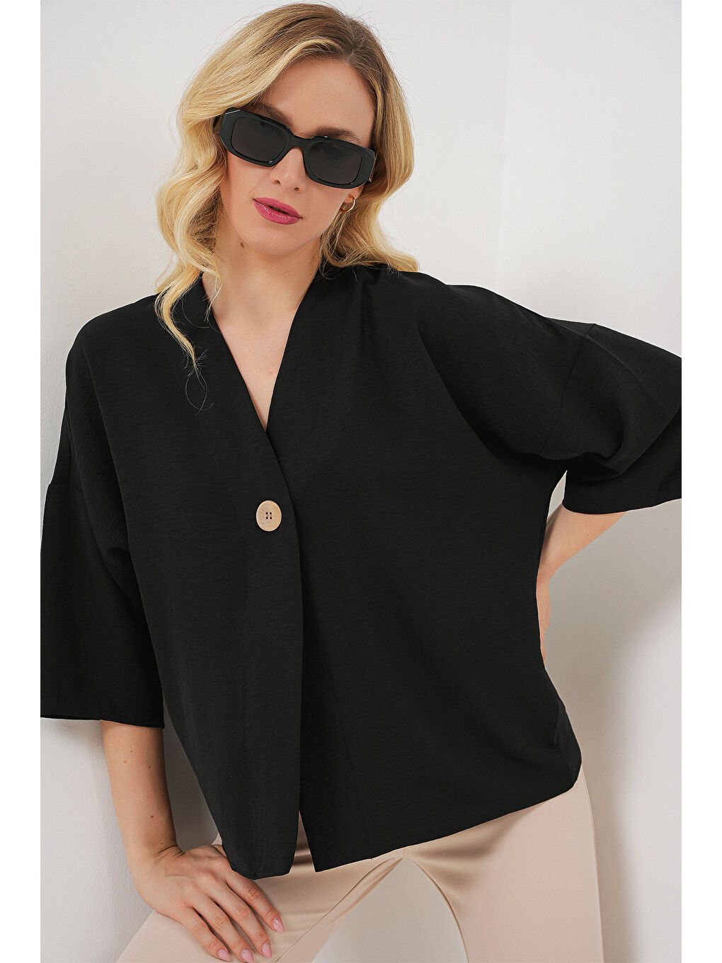 Kadın Kısa Kol Oversize Kimono 5969 - Siyah-2