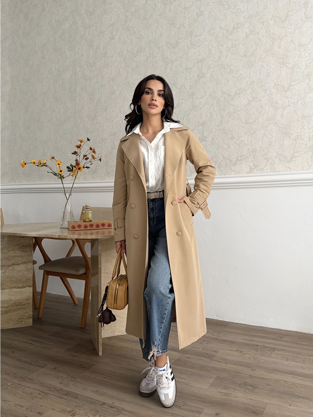 Kahverengi Kadın Klasik Cepli Kuşaklı Trend Midi Taba Trençkot-1