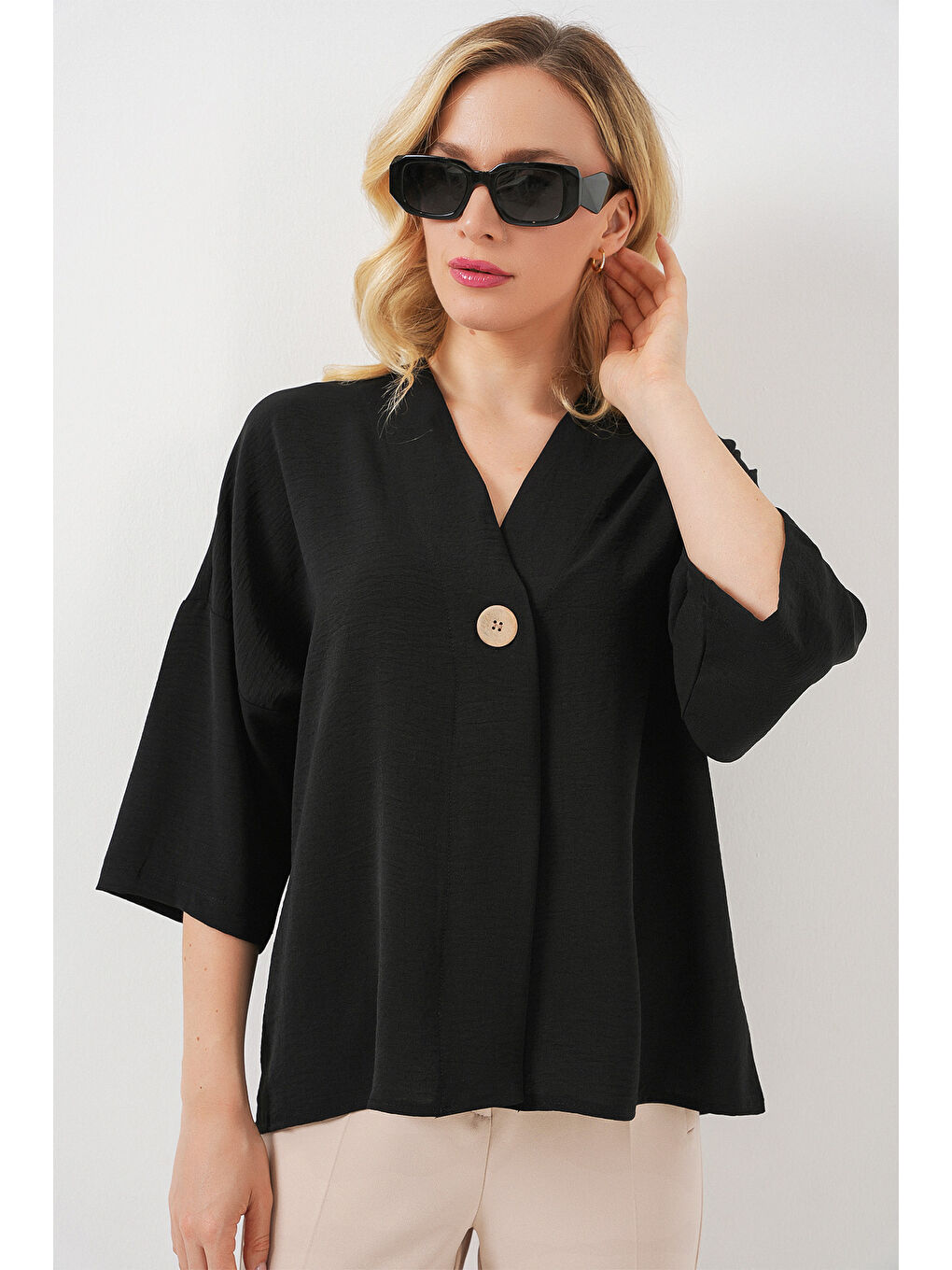 Kadın Kısa Kol Oversize Kimono 5969 - Siyah-3