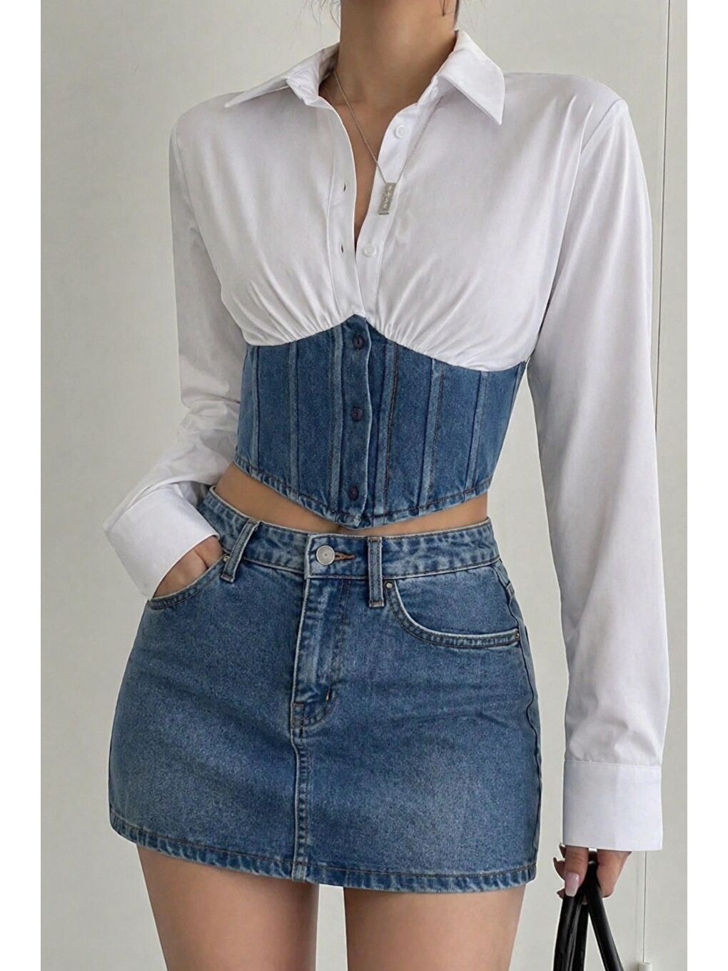 Beyaz Kadın Jean Korse Detaylı Özel Tasarım Slim Gömlek-4