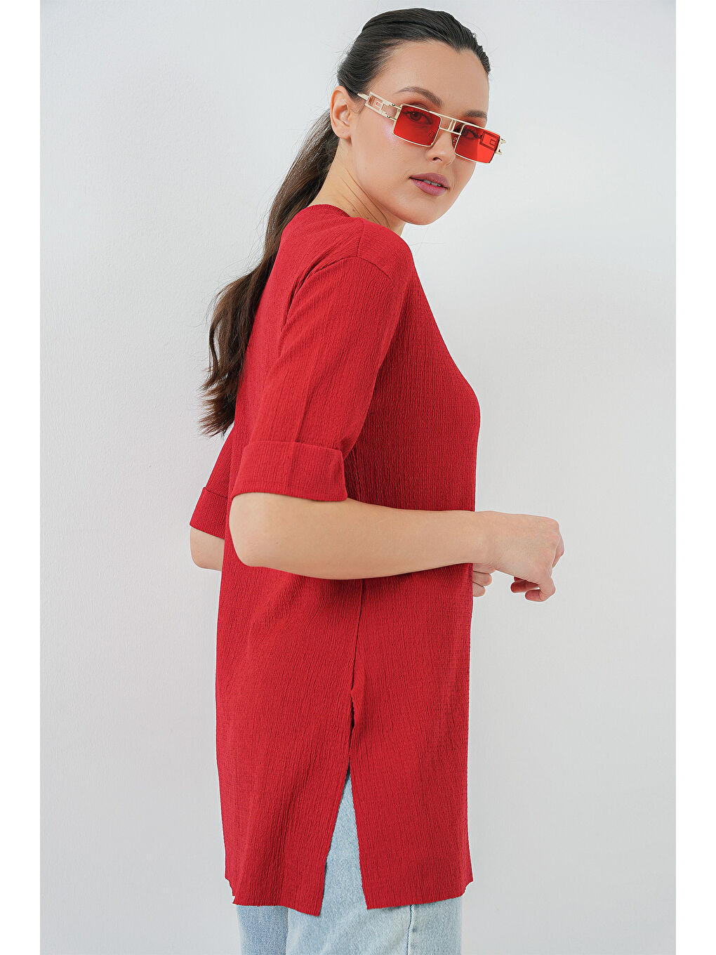 4332 Yanı Yırtmaçlı Örme Tişört - Kırmızı-3