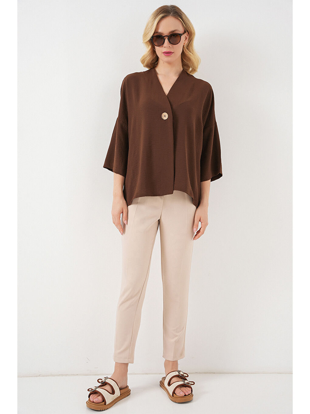 Kadın Kısa Kol Oversize Kimono 5969 - Kahverengi-1