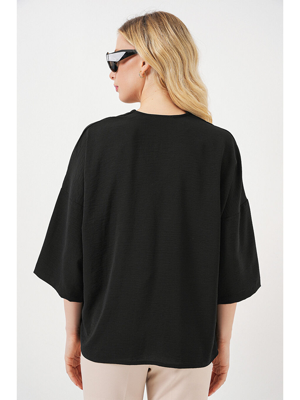 Kadın Kısa Kol Oversize Kimono 5969 - Siyah-5