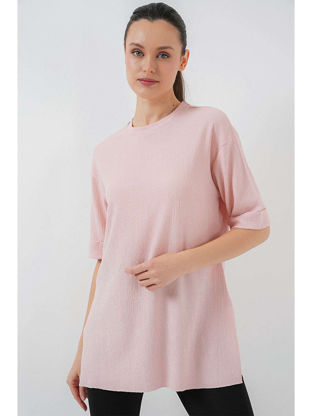 Pembe 4332 Yanı Yırtmaçlı Örme Tişört - Pudra-2