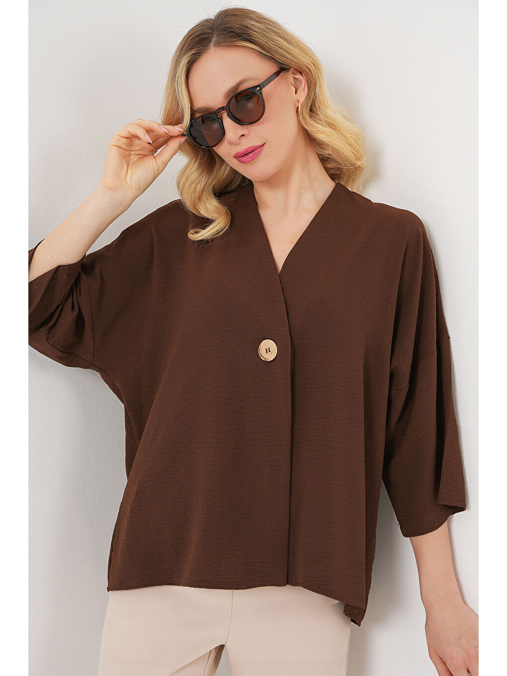 Kadın Kısa Kol Oversize Kimono 5969 - Kahverengi-2