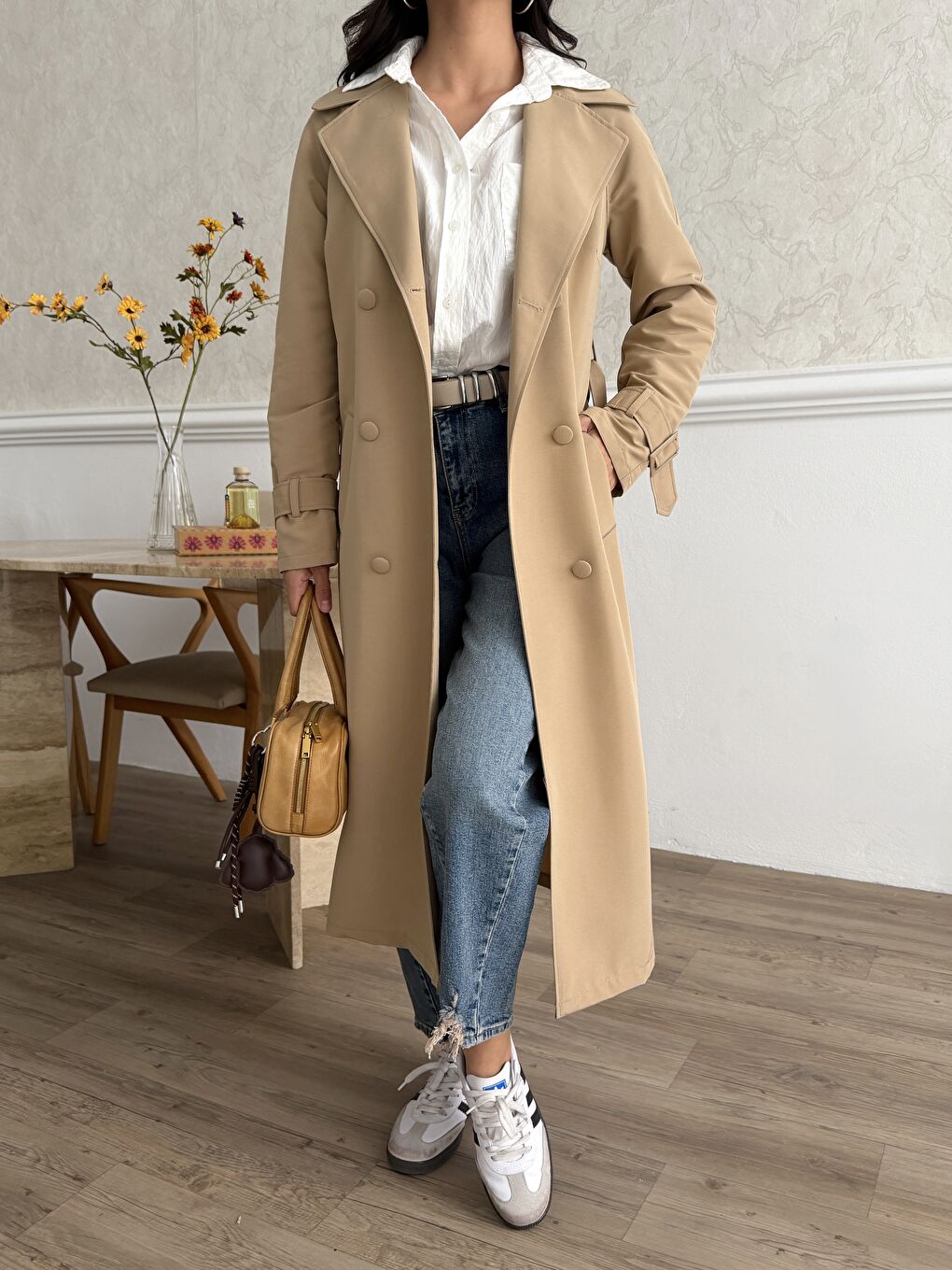 Kahverengi Kadın Klasik Cepli Kuşaklı Trend Midi Taba Trençkot-2