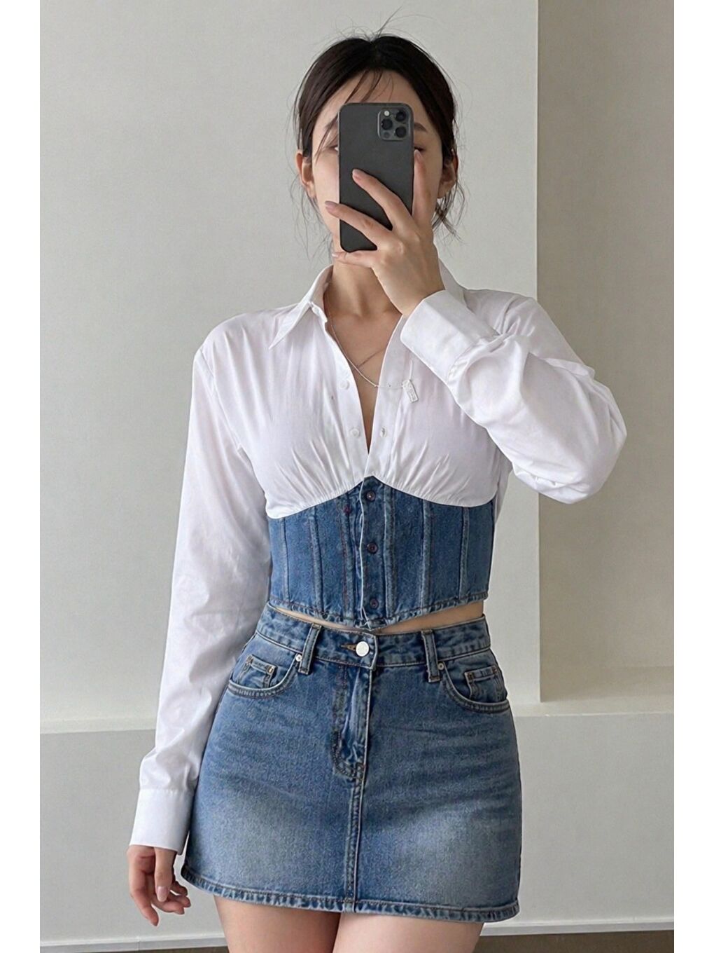 Beyaz Kadın Jean Korse Detaylı Özel Tasarım Slim Gömlek-5