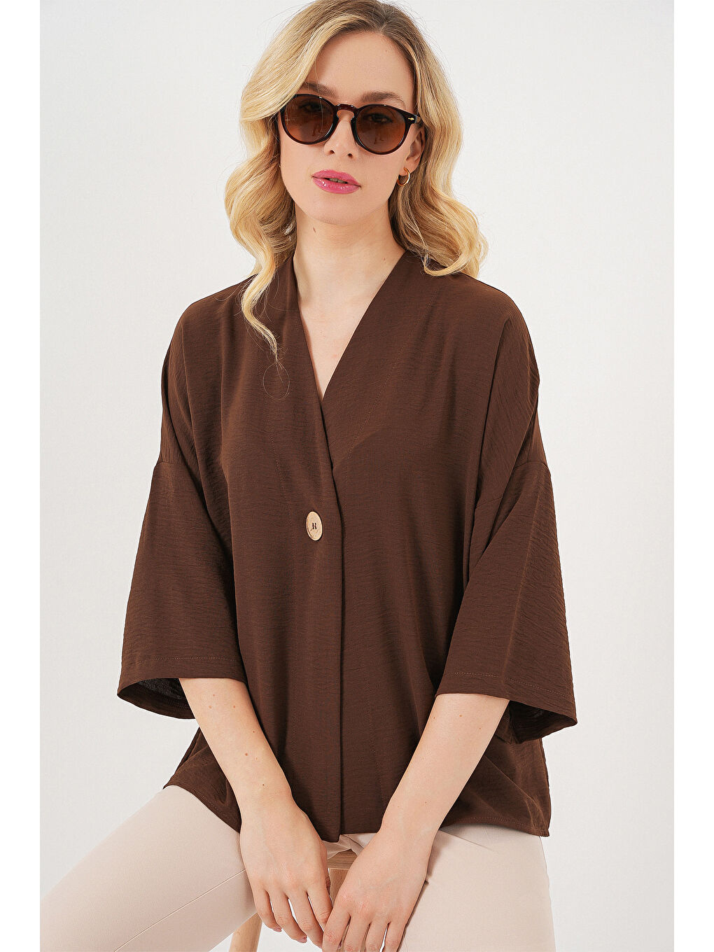 Kadın Kısa Kol Oversize Kimono 5969 - Kahverengi-3