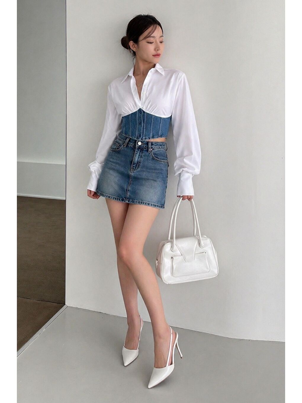 Beyaz Kadın Jean Korse Detaylı Özel Tasarım Slim Gömlek-6