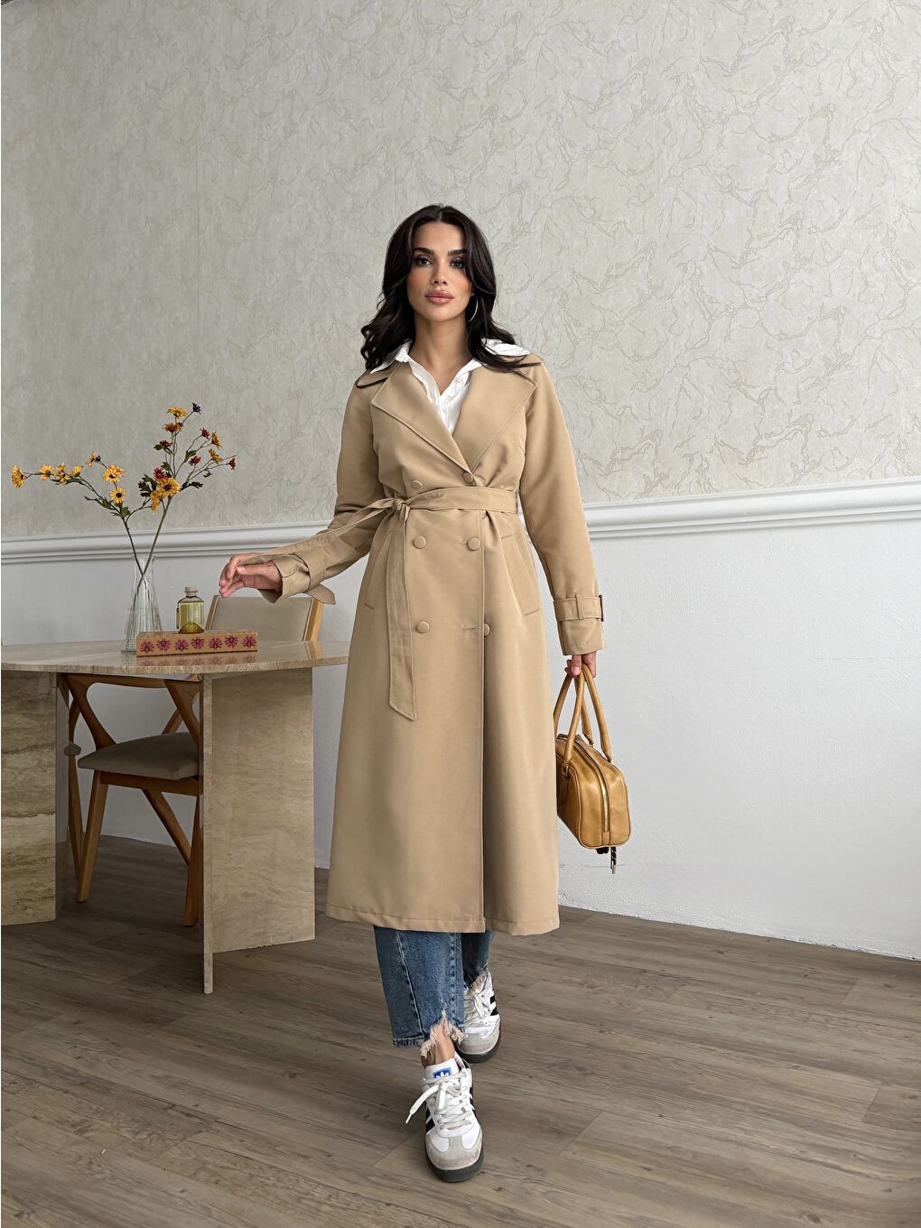 Kahverengi Kadın Klasik Cepli Kuşaklı Trend Midi Taba Trençkot-3