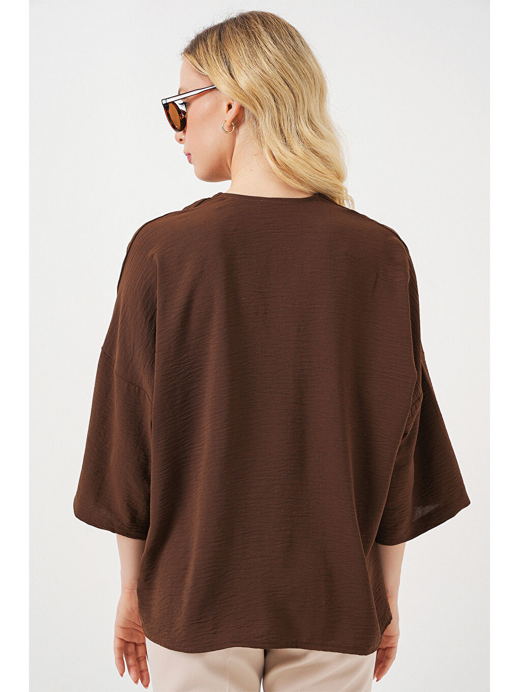 Kadın Kısa Kol Oversize Kimono 5969 - Kahverengi-5