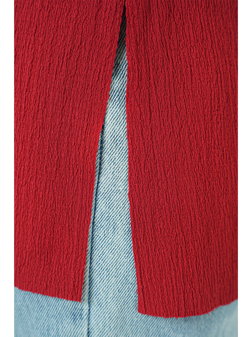 4332 Yanı Yırtmaçlı Örme Tişört - Kırmızı-4