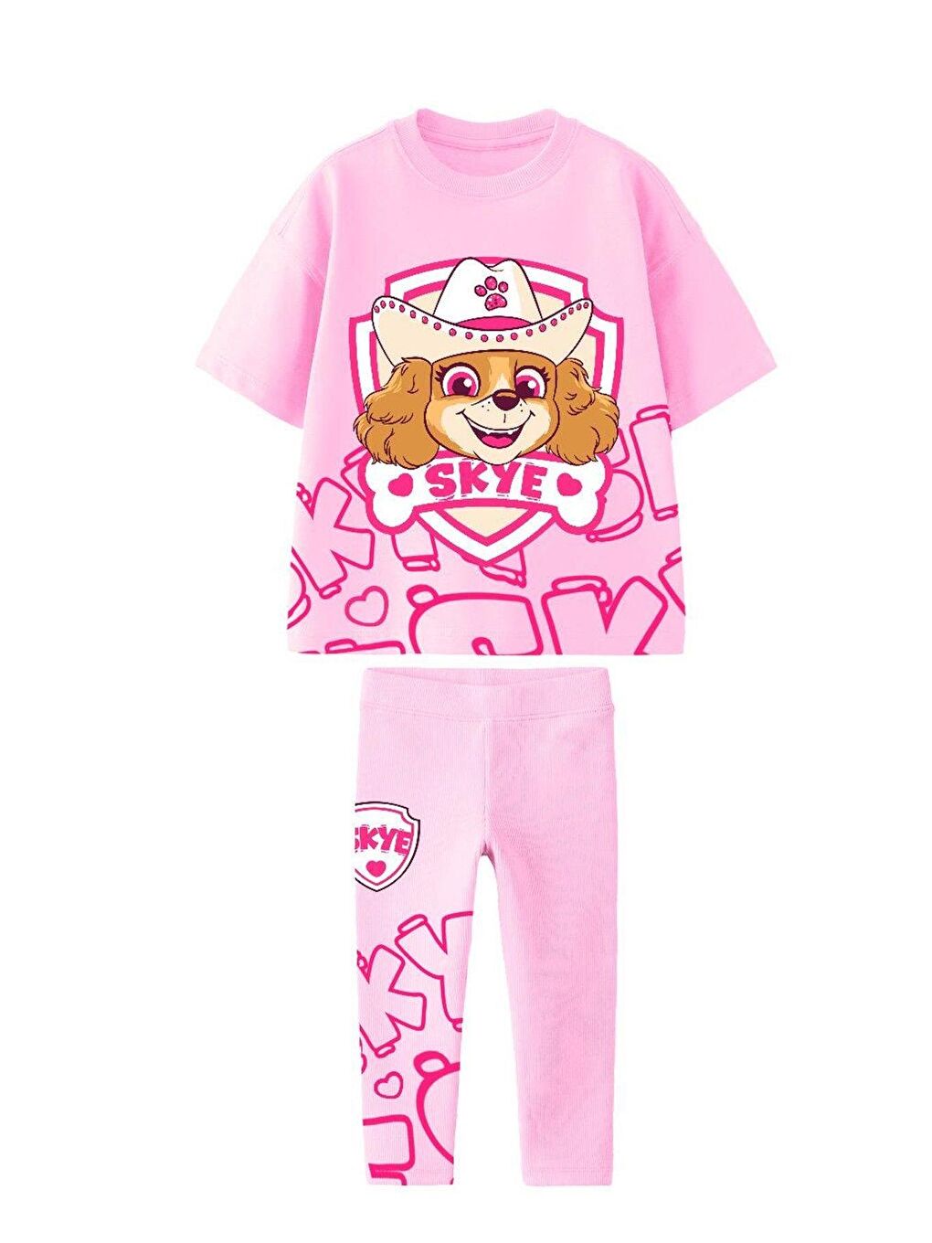 Pembe Kız Çocuk %100 Pamuk Paw Patrol Baskılı Tshirt Tayt Alt Üst Takım