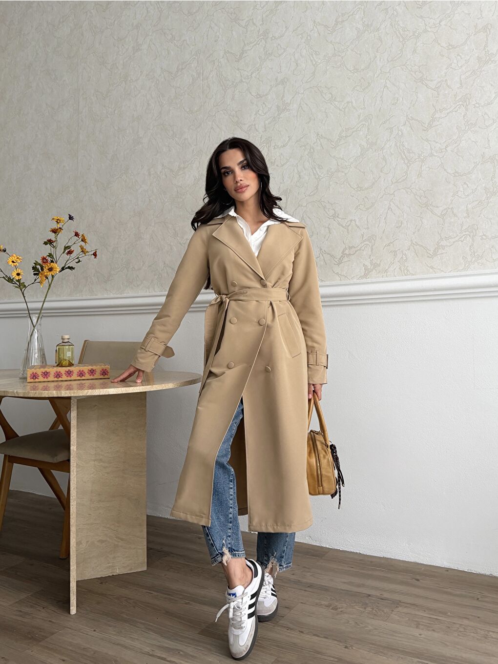 Kahverengi Kadın Klasik Cepli Kuşaklı Trend Midi Taba Trençkot-4