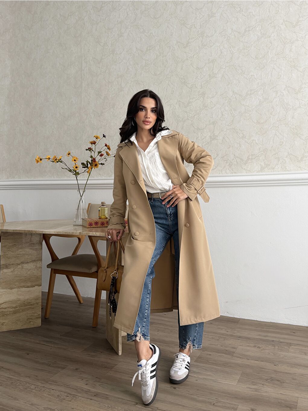 Kahverengi Kadın Klasik Cepli Kuşaklı Trend Midi Taba Trençkot-5