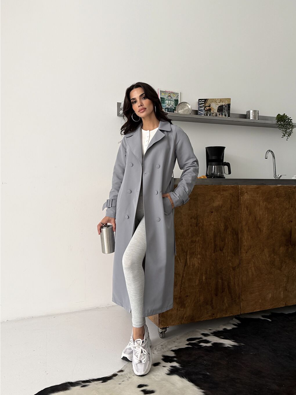 Kadın Klasik Cepli Kuşaklı Trend Midi Gri Trençkot