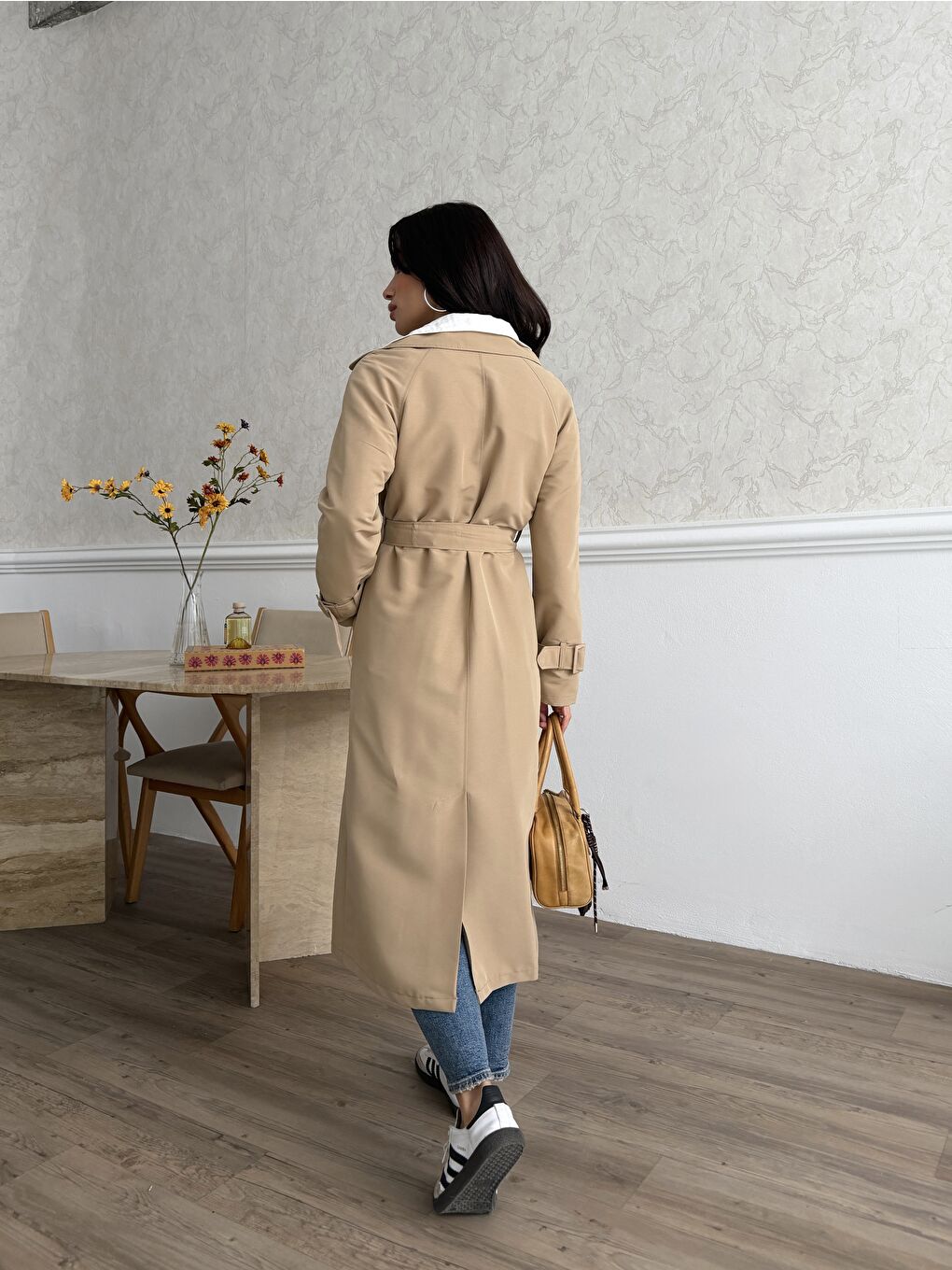 Kahverengi Kadın Klasik Cepli Kuşaklı Trend Midi Taba Trençkot-7