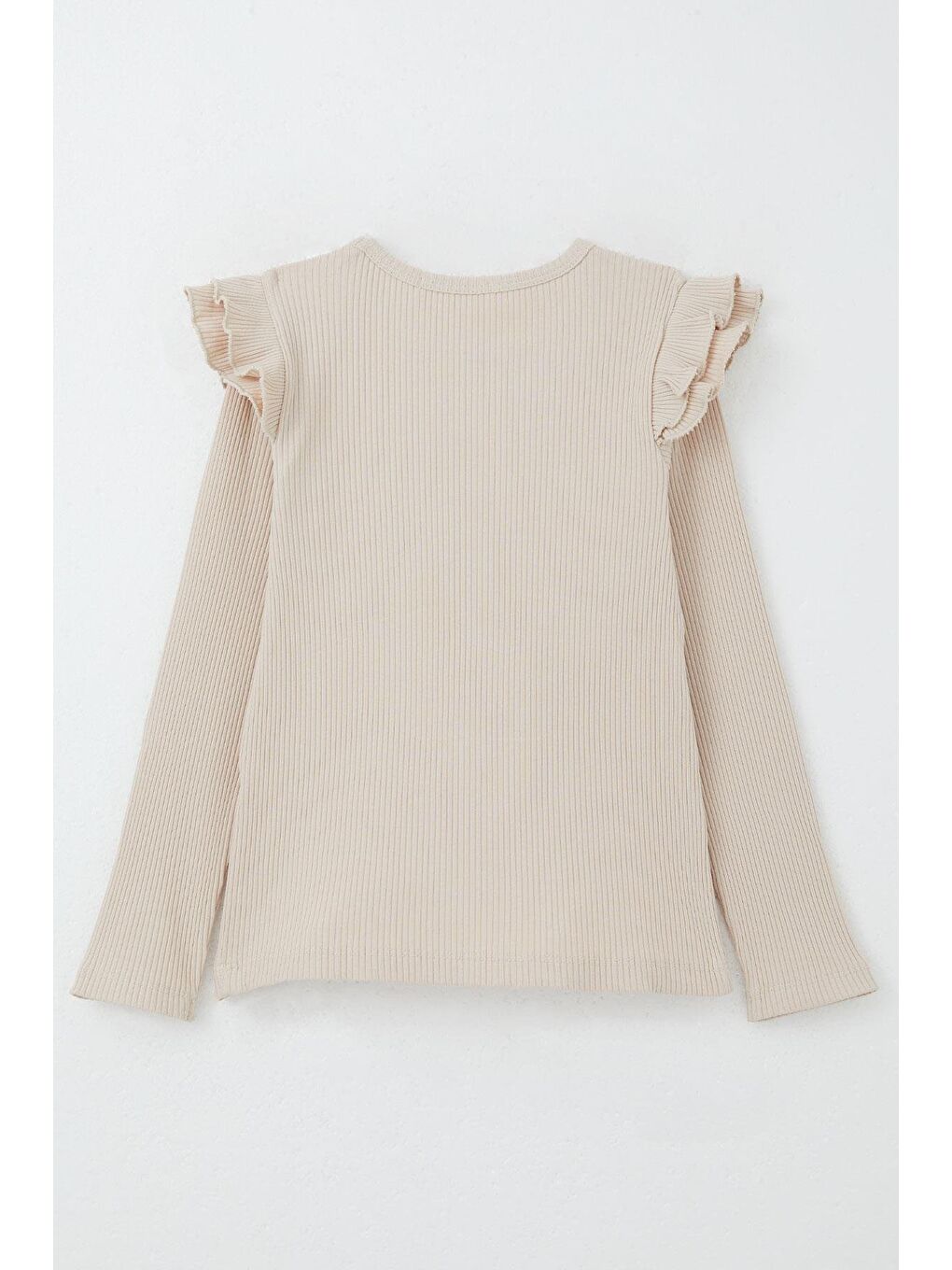 Kız Çocuk Uzun Kollu Tişört Omuzu Fırfır Detaylı Kalp Armalı Bej (6 Yaş)-1