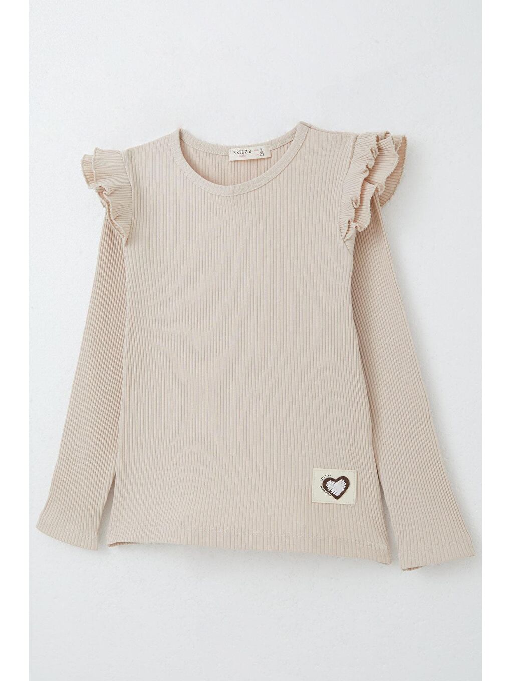 Kız Çocuk Uzun Kollu Tişört Omuzu Fırfır Detaylı Kalp Armalı Bej (6 Yaş)-2