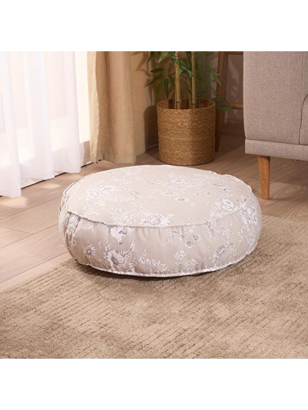 Soft Flora Yuvarlak Yer Minderi - Bej - 60x60 cm