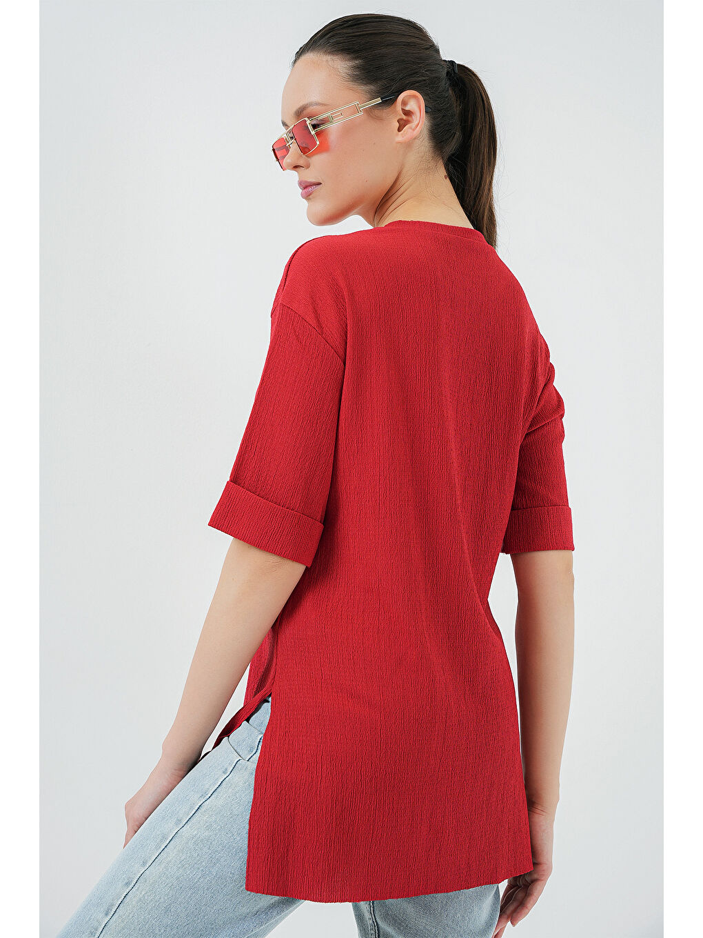 4332 Yanı Yırtmaçlı Örme Tişört - Kırmızı-5