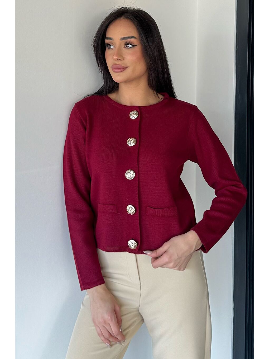 Bordo Kadın Düğme Detaylı Triko Ceket