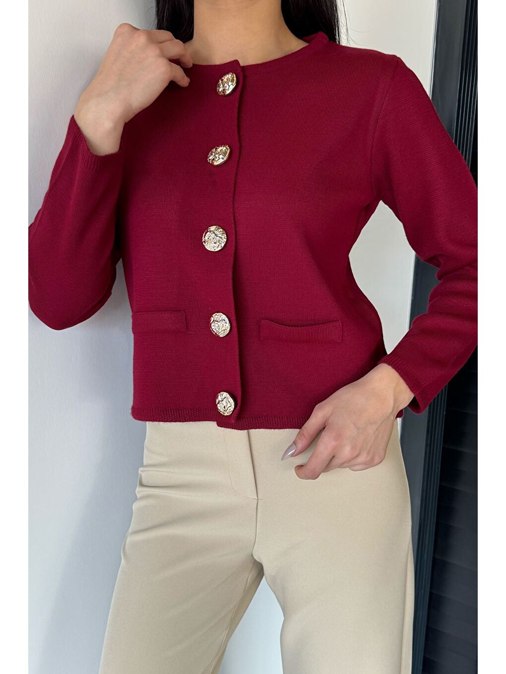 Bordo Kadın Düğme Detaylı Triko Ceket-1