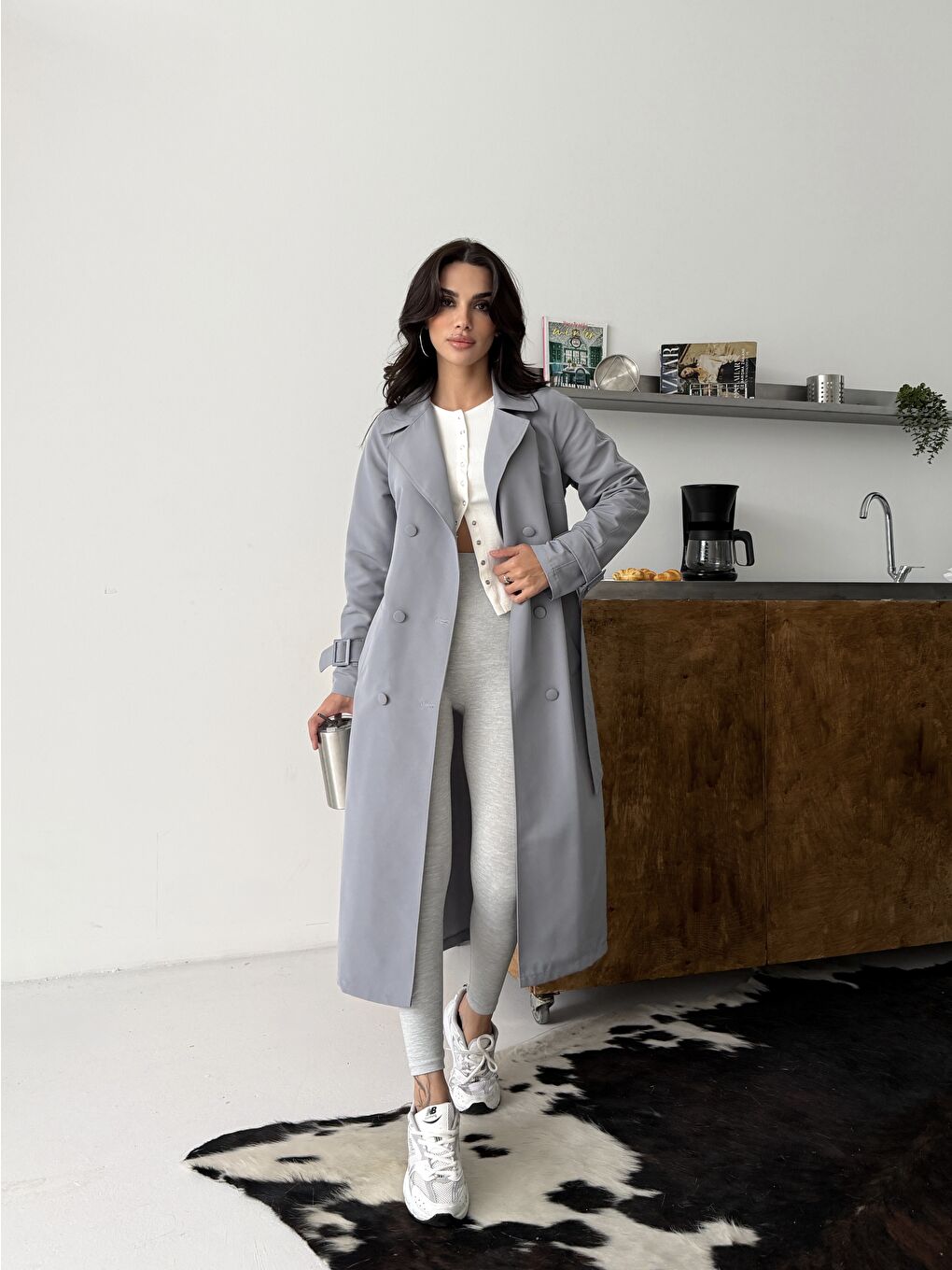 Kadın Klasik Cepli Kuşaklı Trend Midi Gri Trençkot-2