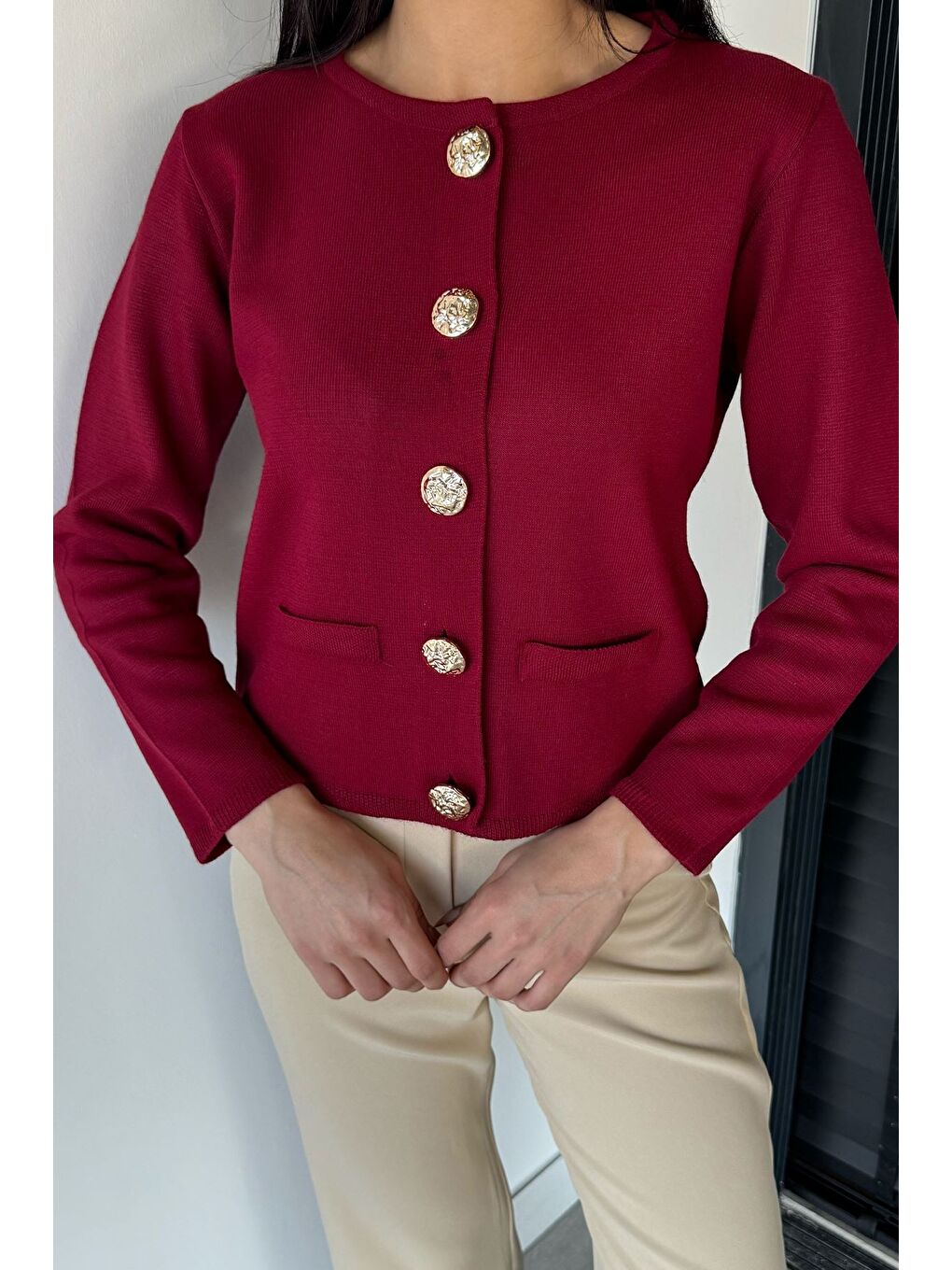 Bordo Kadın Düğme Detaylı Triko Ceket-2