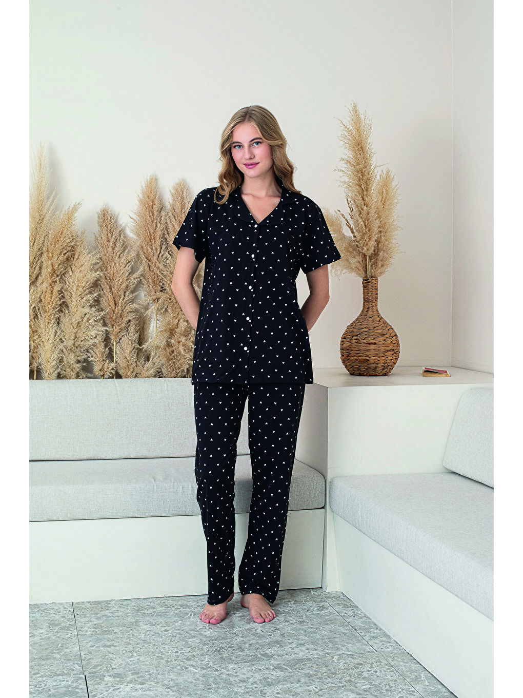 Kadın Siyah %100 Doğal Pamuk Kalpli Gömlek Yaka Kısa Kollu Kaliteli Pijama Takımı