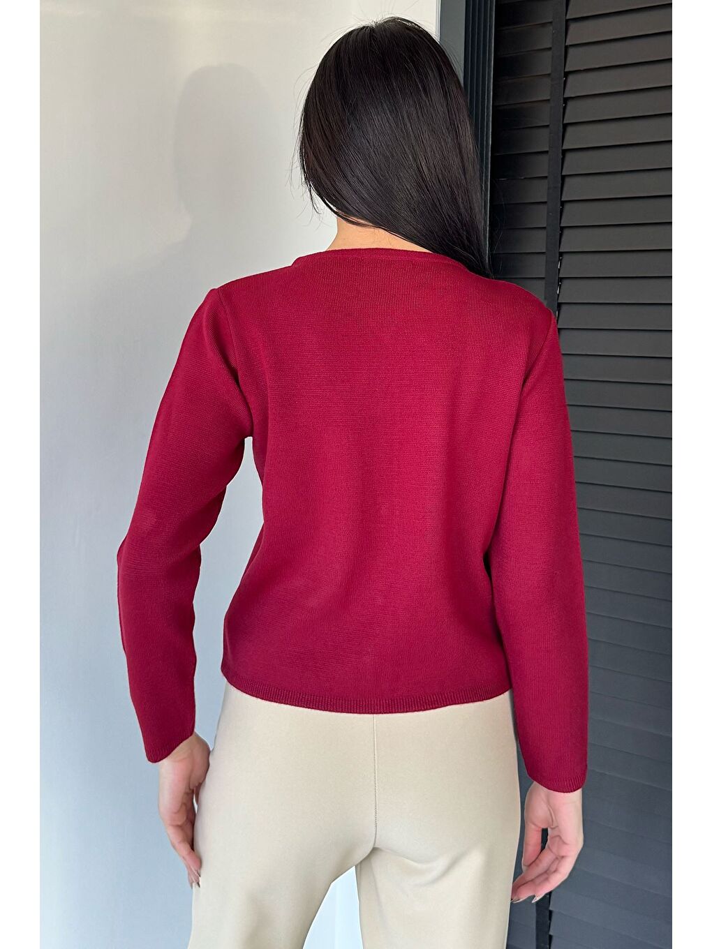Bordo Kadın Düğme Detaylı Triko Ceket-3