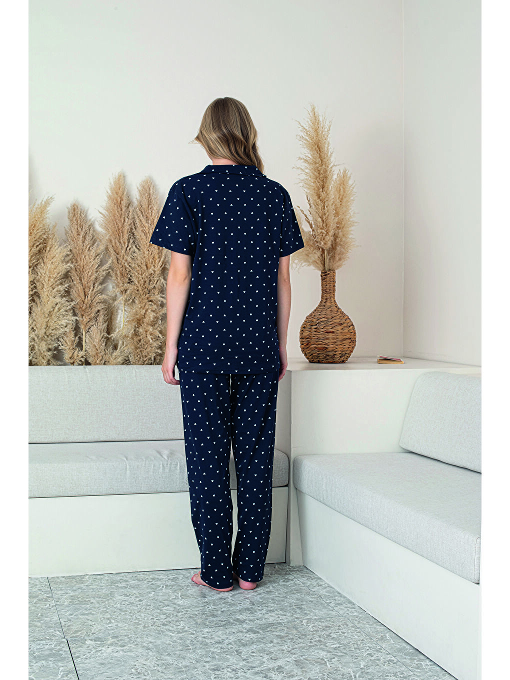 Kadın Lacivert %100 Doğal Pamuk Kalpli Gömlek Yaka Kısa Kollu Kaliteli Pijama Takımı-1