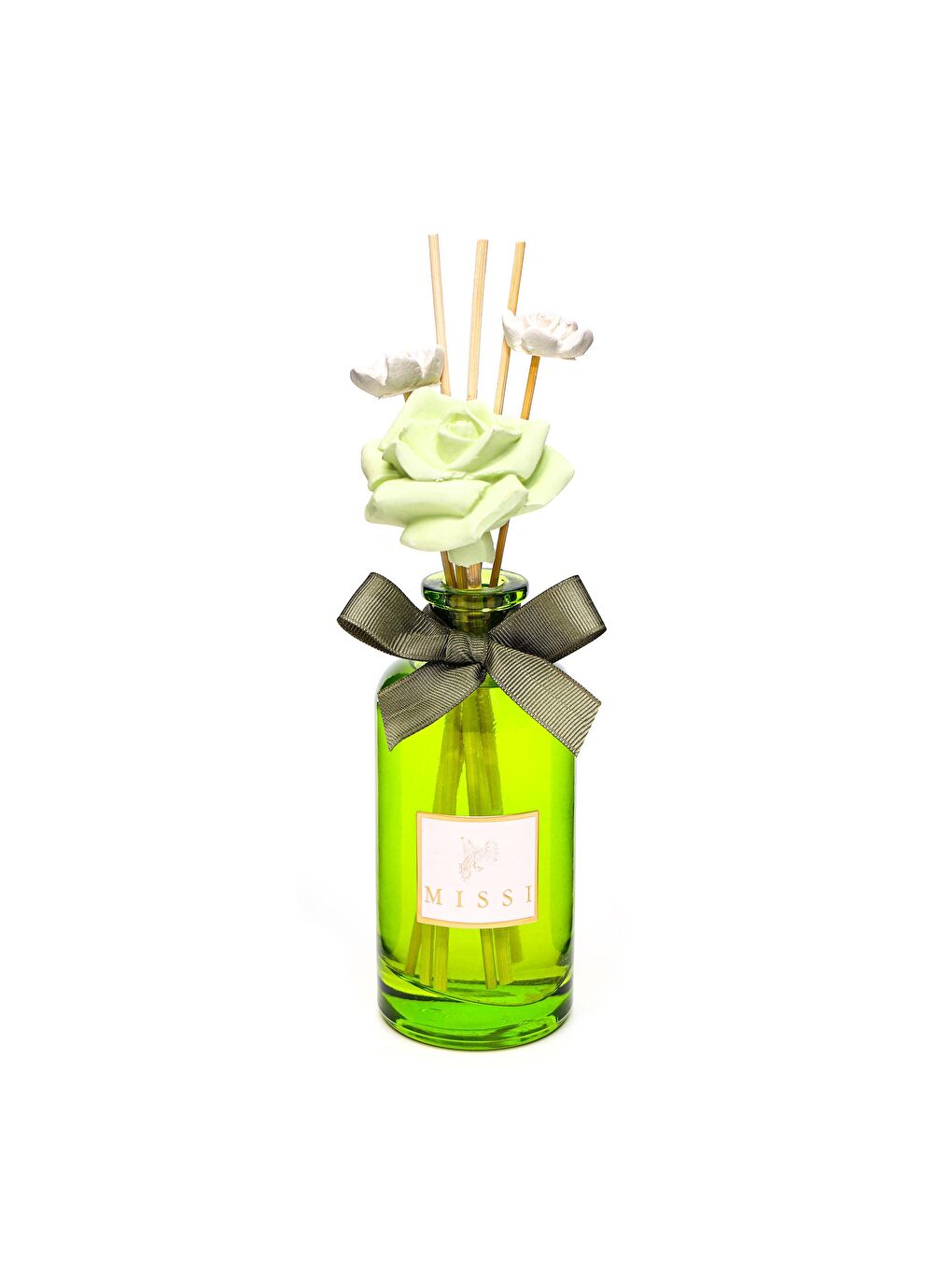 180 ml Yeşil Cam Şişe Çiçek Bambu Çubuklu White Jasmin Oda Kokusu