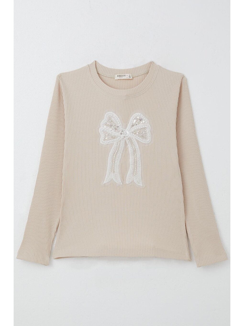 Kız Çocuk Uzun Kollu Tişört Fiyonk Tül Armalı Boncuklu Bej (11 Yaş)