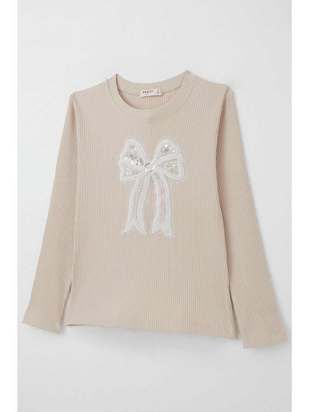 Kız Çocuk Uzun Kollu Tişört Fiyonk Tül Armalı Boncuklu Bej (11 Yaş)-2