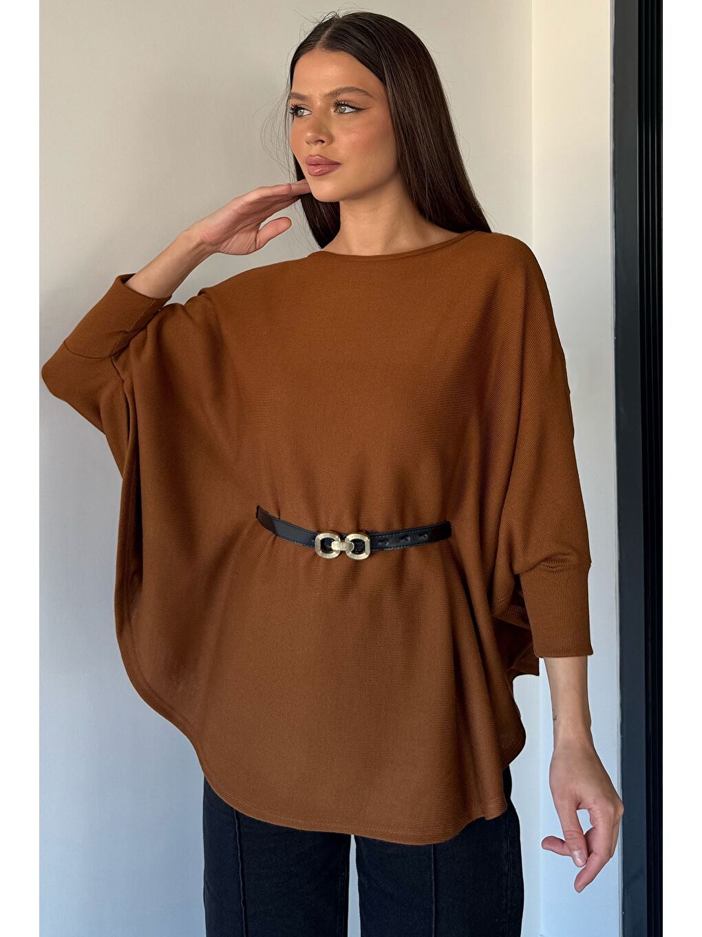Kahverengi Kadın Kemerli Triko Panço-3