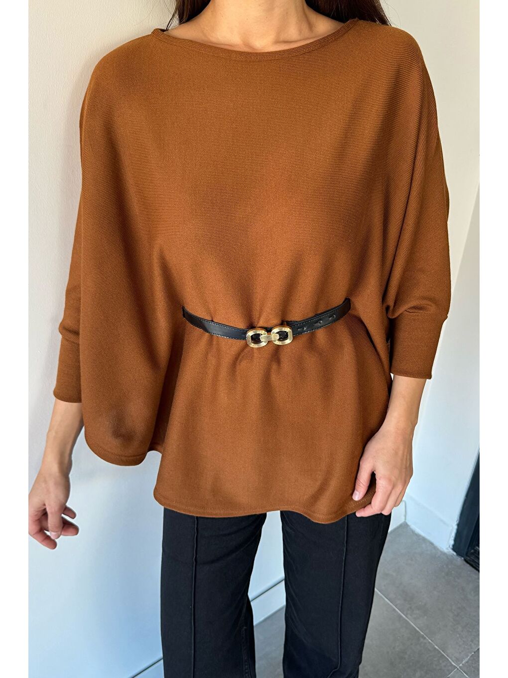 Kahverengi Kadın Kemerli Triko Panço-4