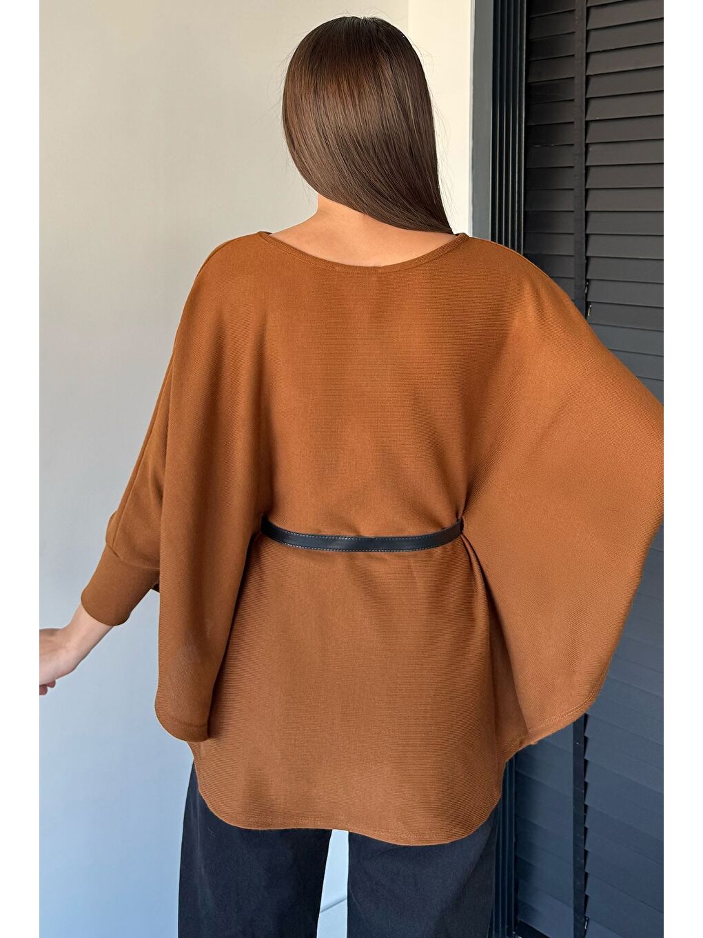 Kahverengi Kadın Kemerli Triko Panço-6
