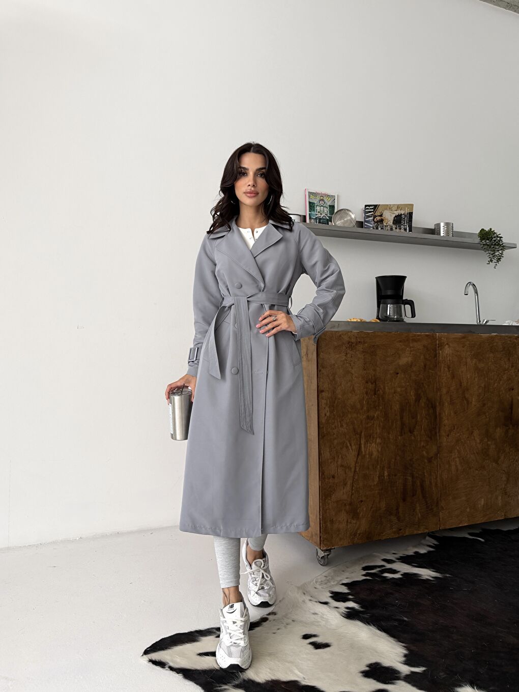 Kadın Klasik Cepli Kuşaklı Trend Midi Gri Trençkot-7