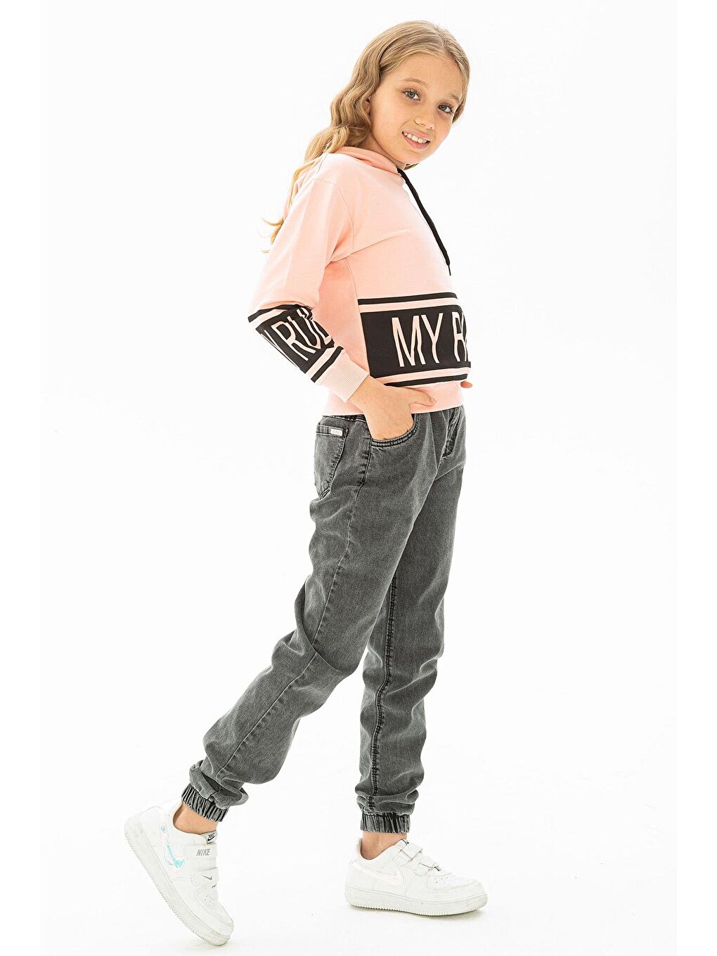 Pembe Kapüşonlu Uzun Kol Somon Renk Kız Çocuk Sweatshirt