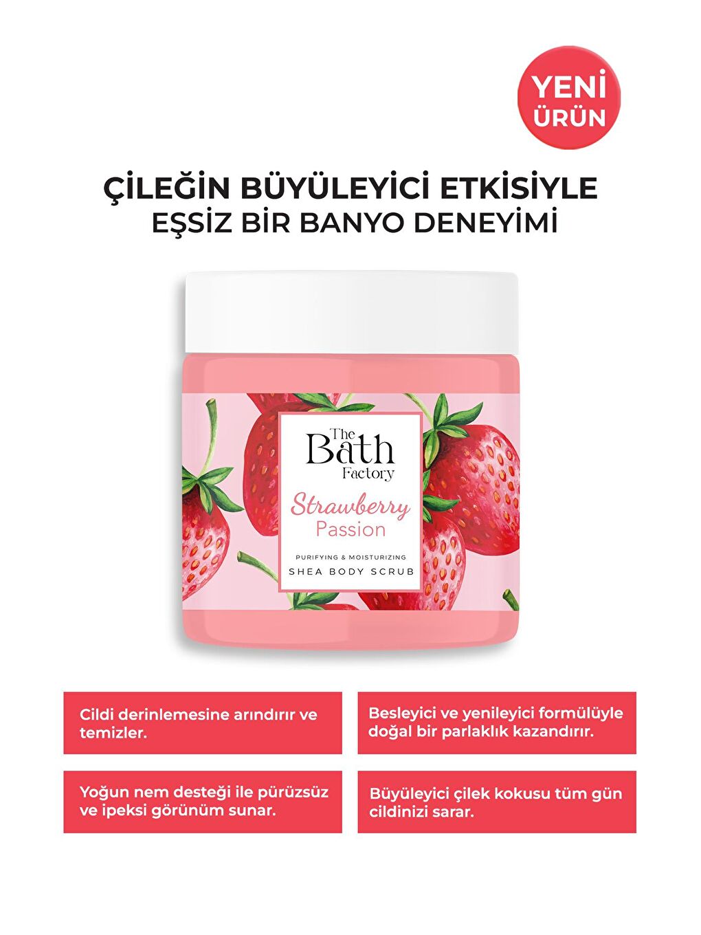 THE BATH FACTORY Şeffaf Nemlendirici ve Arındırıcı Shea Vücut Peelingi - Çilek Aromalı 300 g