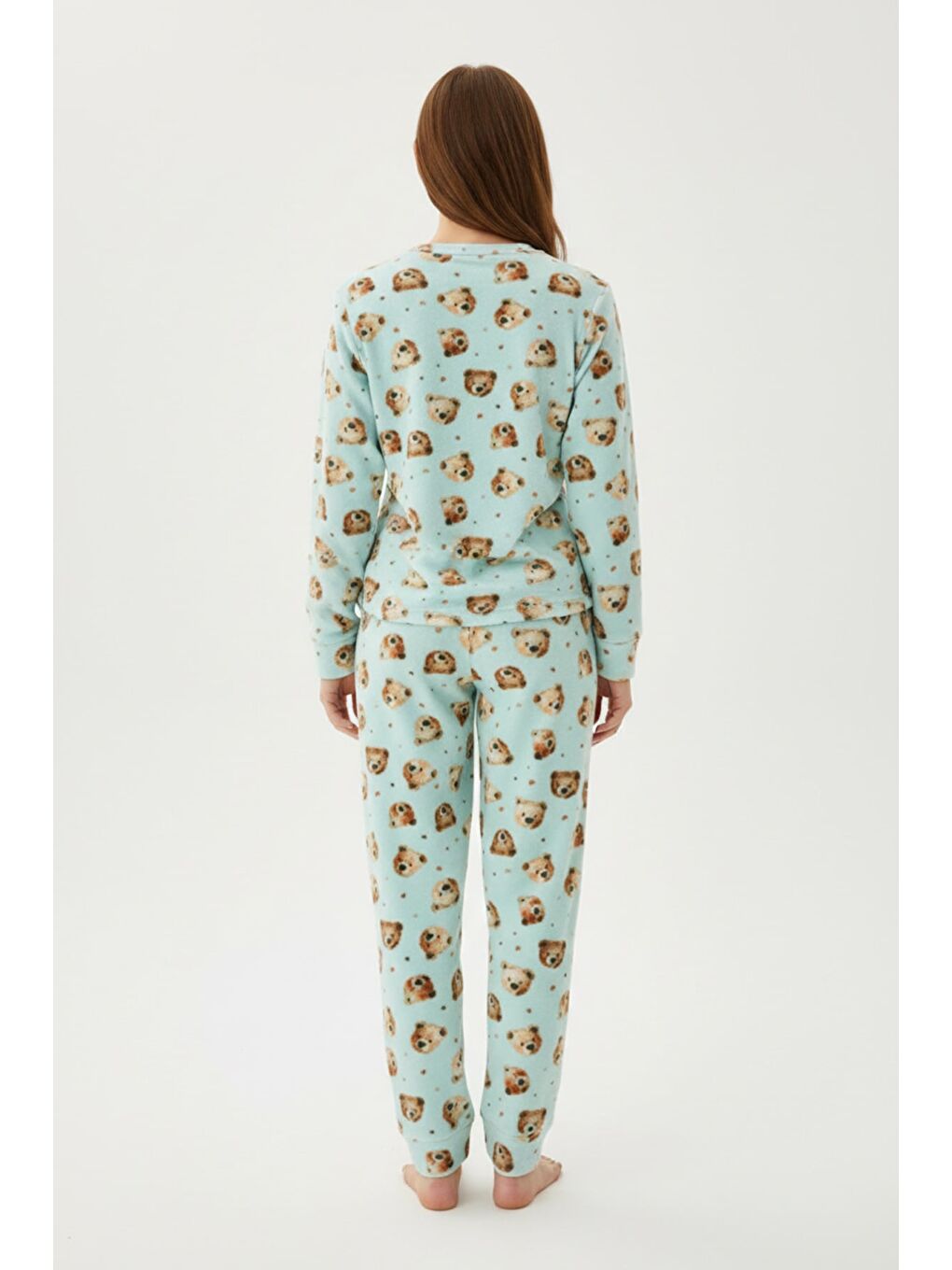 Turkuaz Ayıcık Desenli Polar Unisex Çocuk Pijama Takımı-1