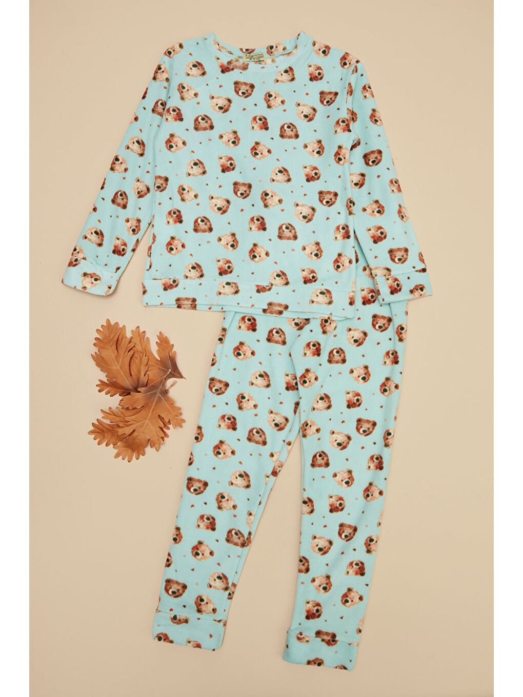 Turkuaz Ayıcık Desenli Polar Unisex Çocuk Pijama Takımı-2