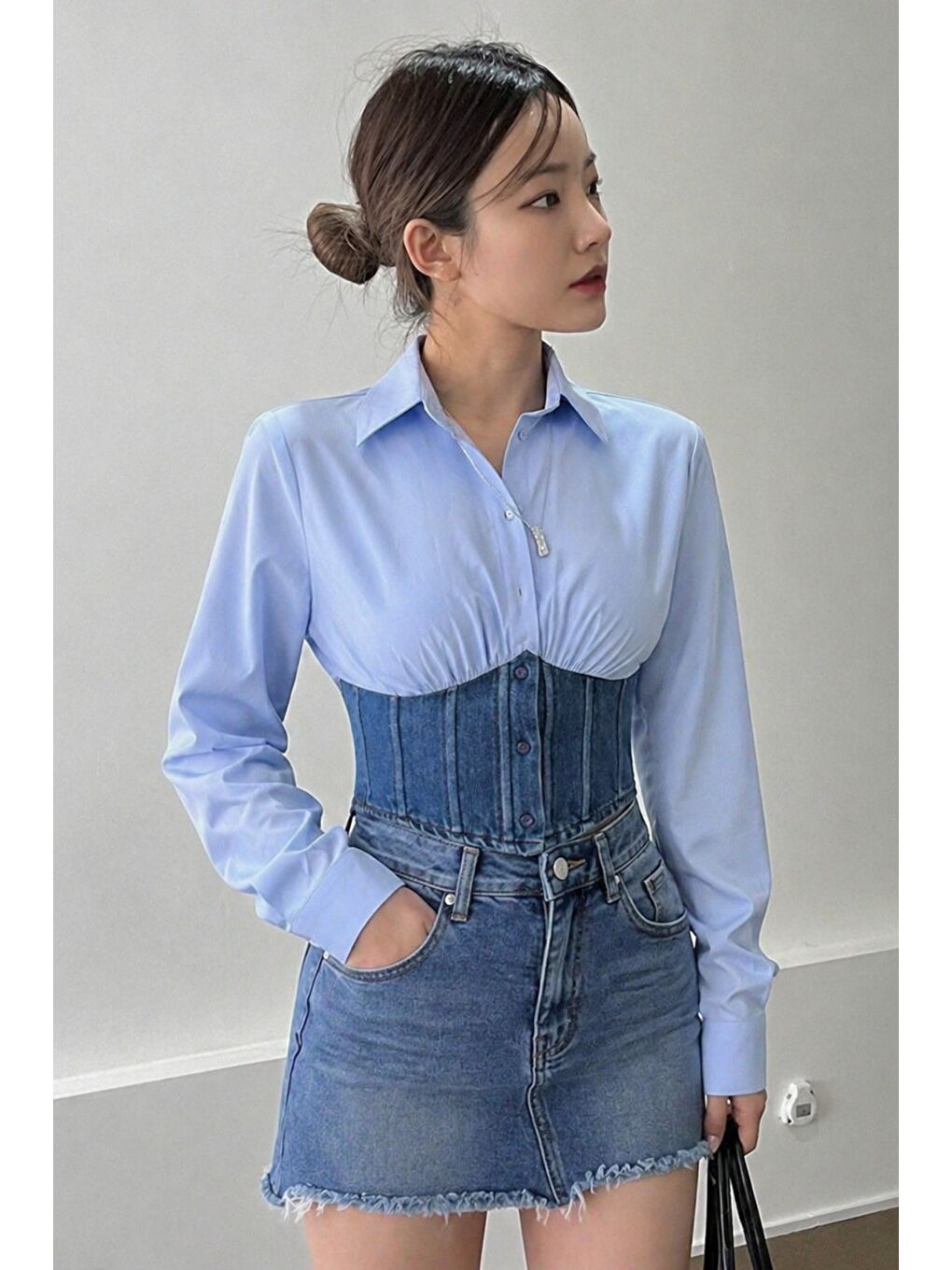 Mavi Kadın Jean Korse Detaylı Özel Tasarım Slim Gömlek