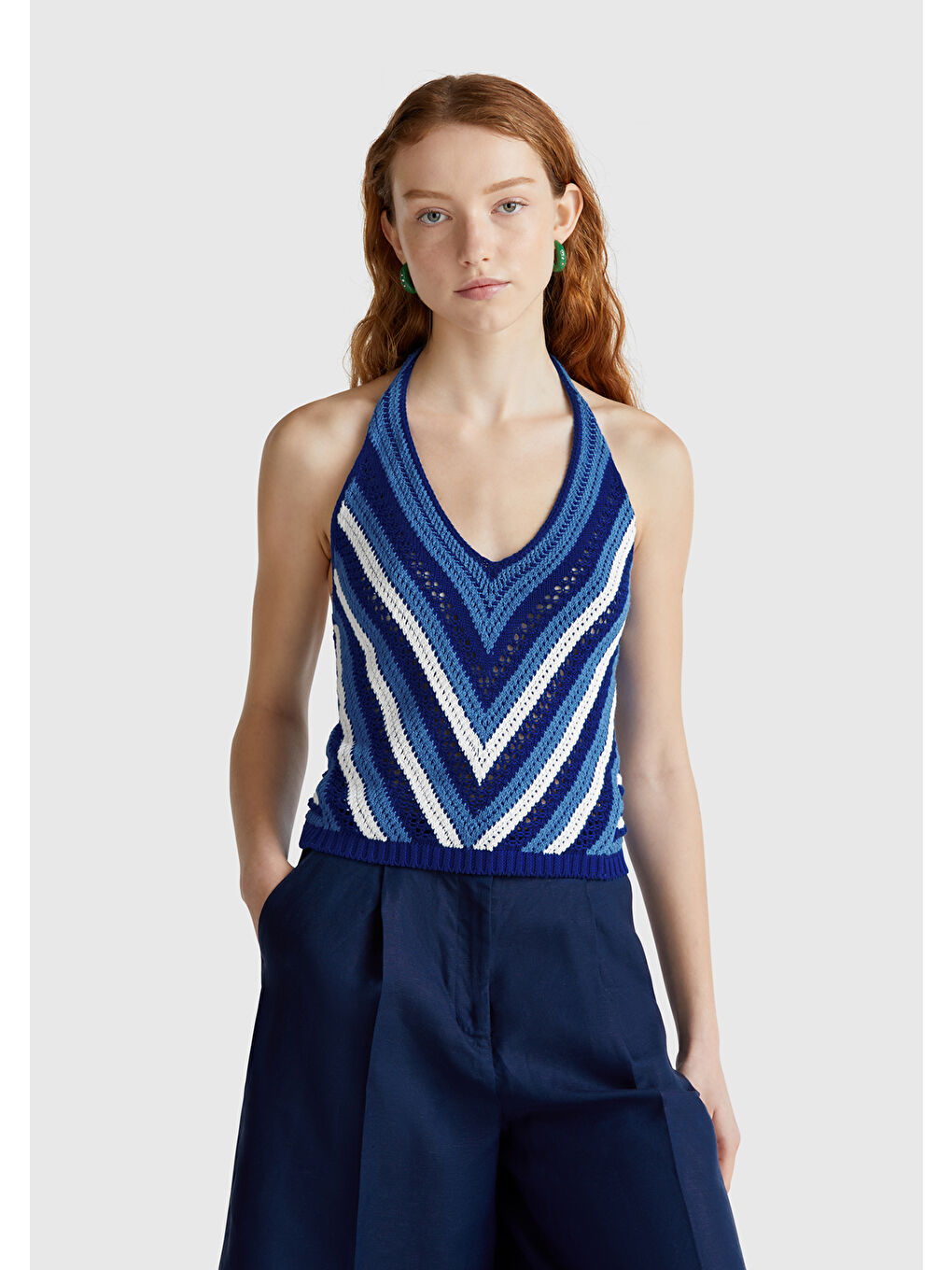 Kadın Mavi Pamuk Karışımlı Halter Yaka Boyundan Bağlamalı Triko Atlet