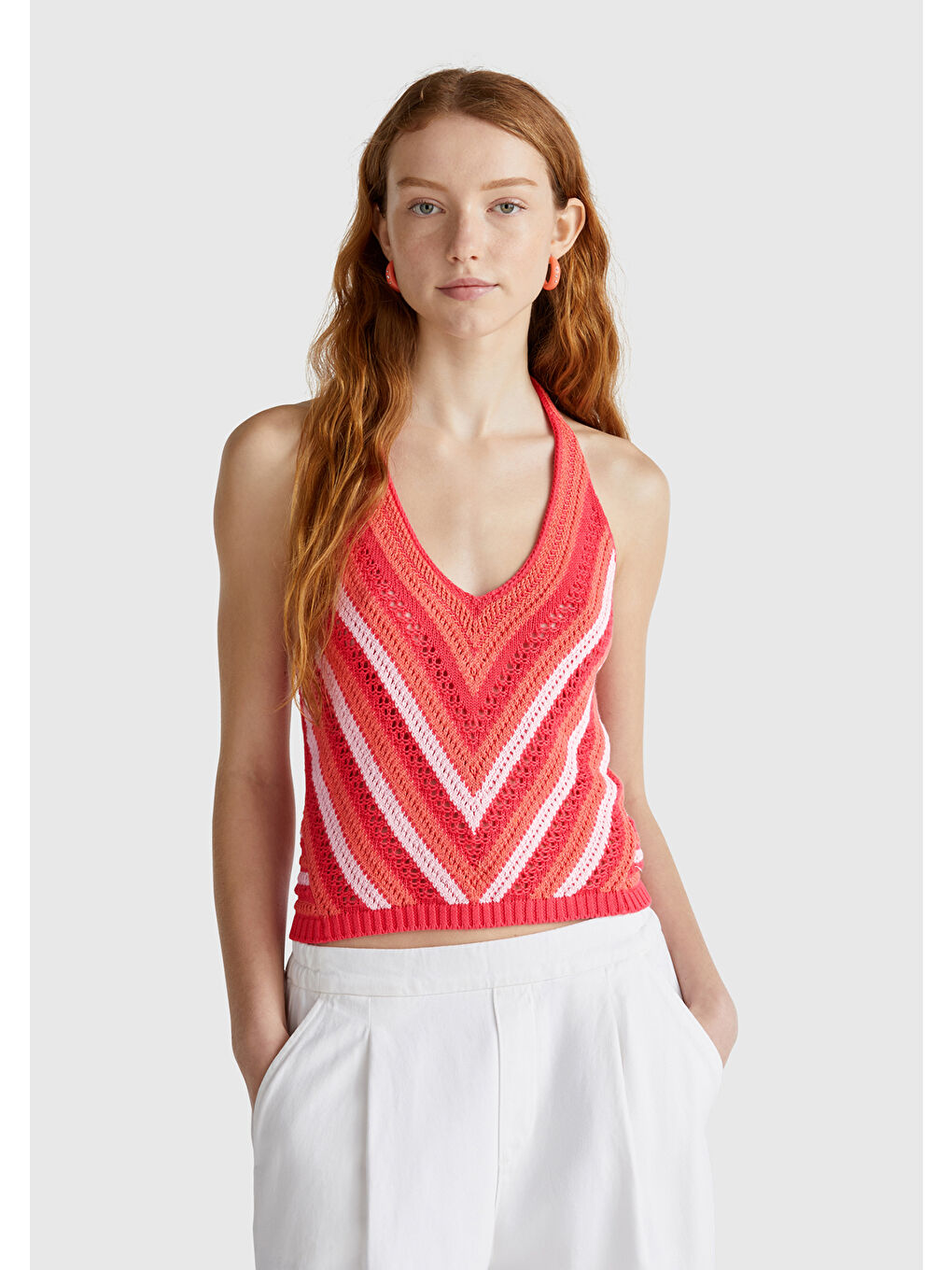 Kadın Turuncu Pamuk Karışımlı Halter Yaka Boyundan Bağlamalı Triko Atlet