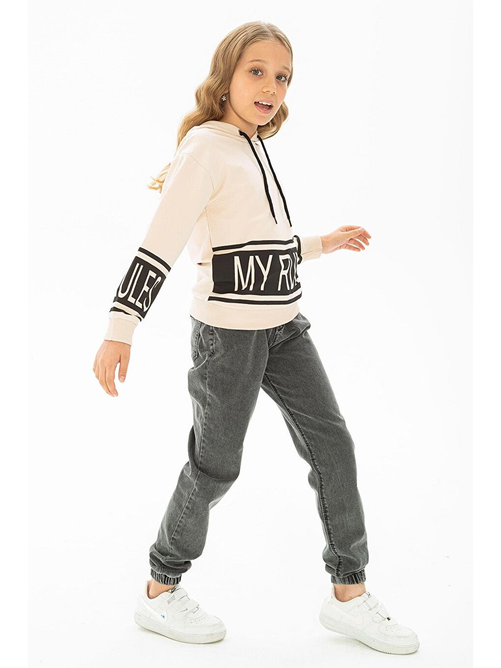 Bej Kapüşonlu Uzun Kol Taş Rengi Kız Çocuk Sweatshirt