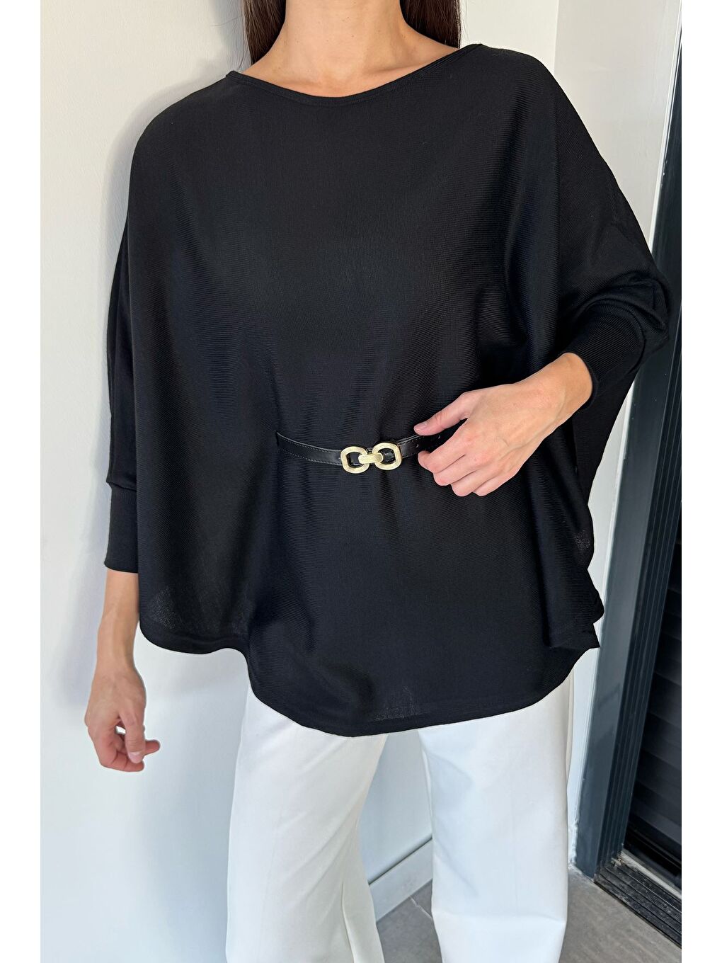 Siyah Kadın Kemerli Triko Panço-3